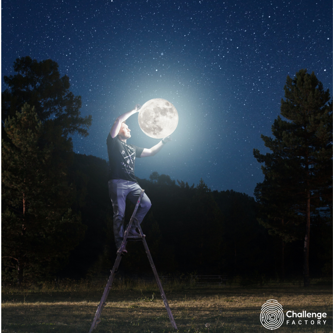 Person standing on ladder pretending to hang the moon at night in a field