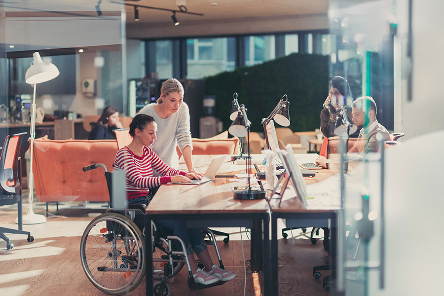 Two people working in an office, one of them in a wheelchair